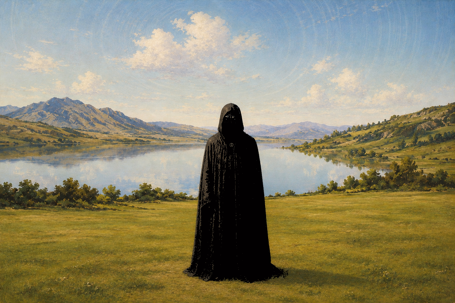 A cloaked raven-masked traveler with twin black-stone eyes