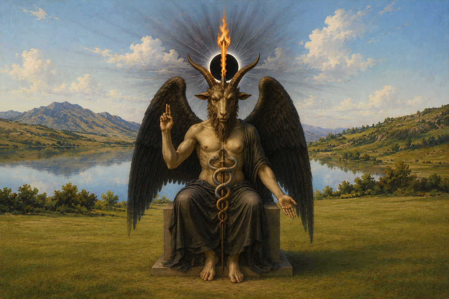 Baphomet with flame between horns, the Black Sun ascending