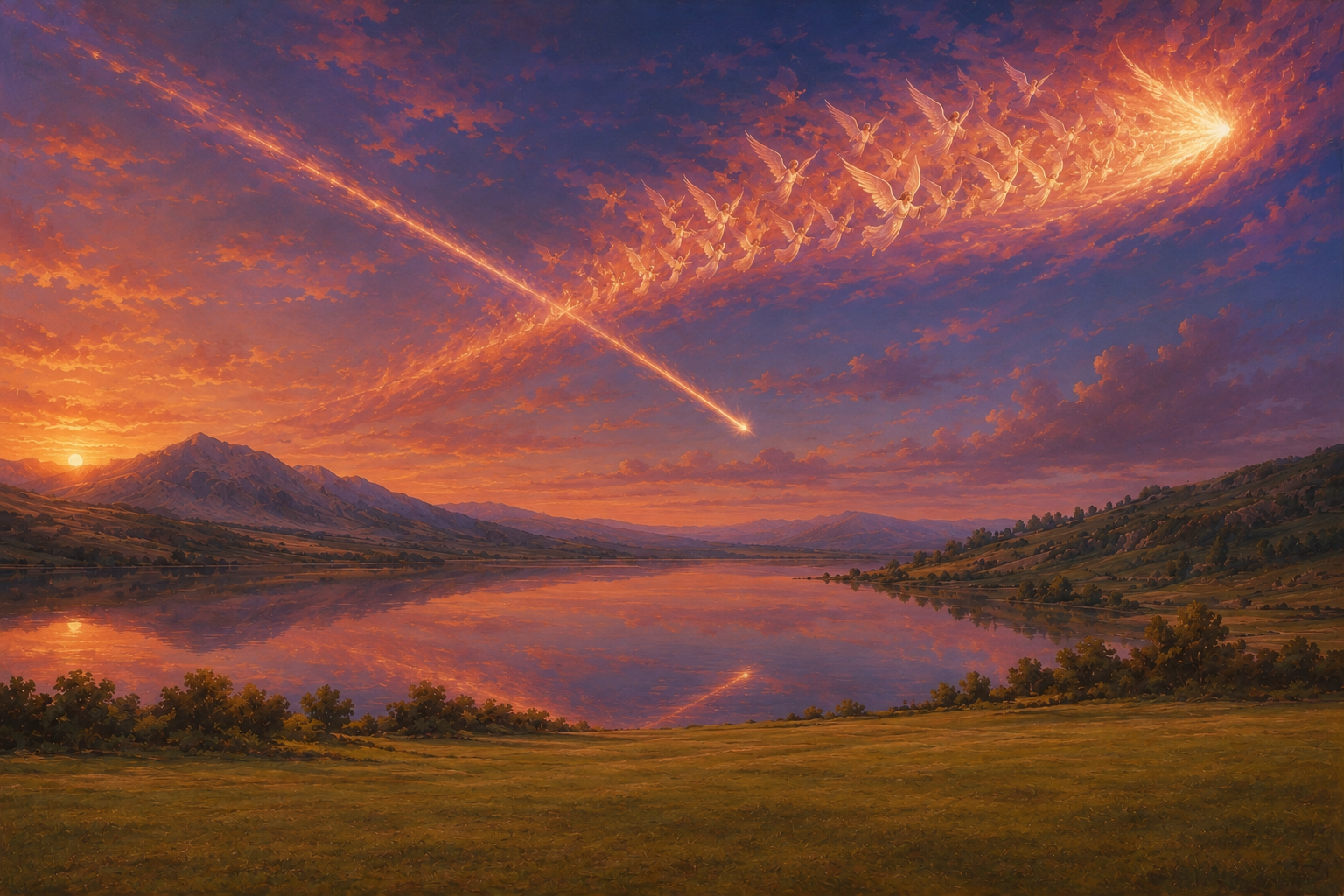 The Luciferian host falling as twin comets, wings burning red