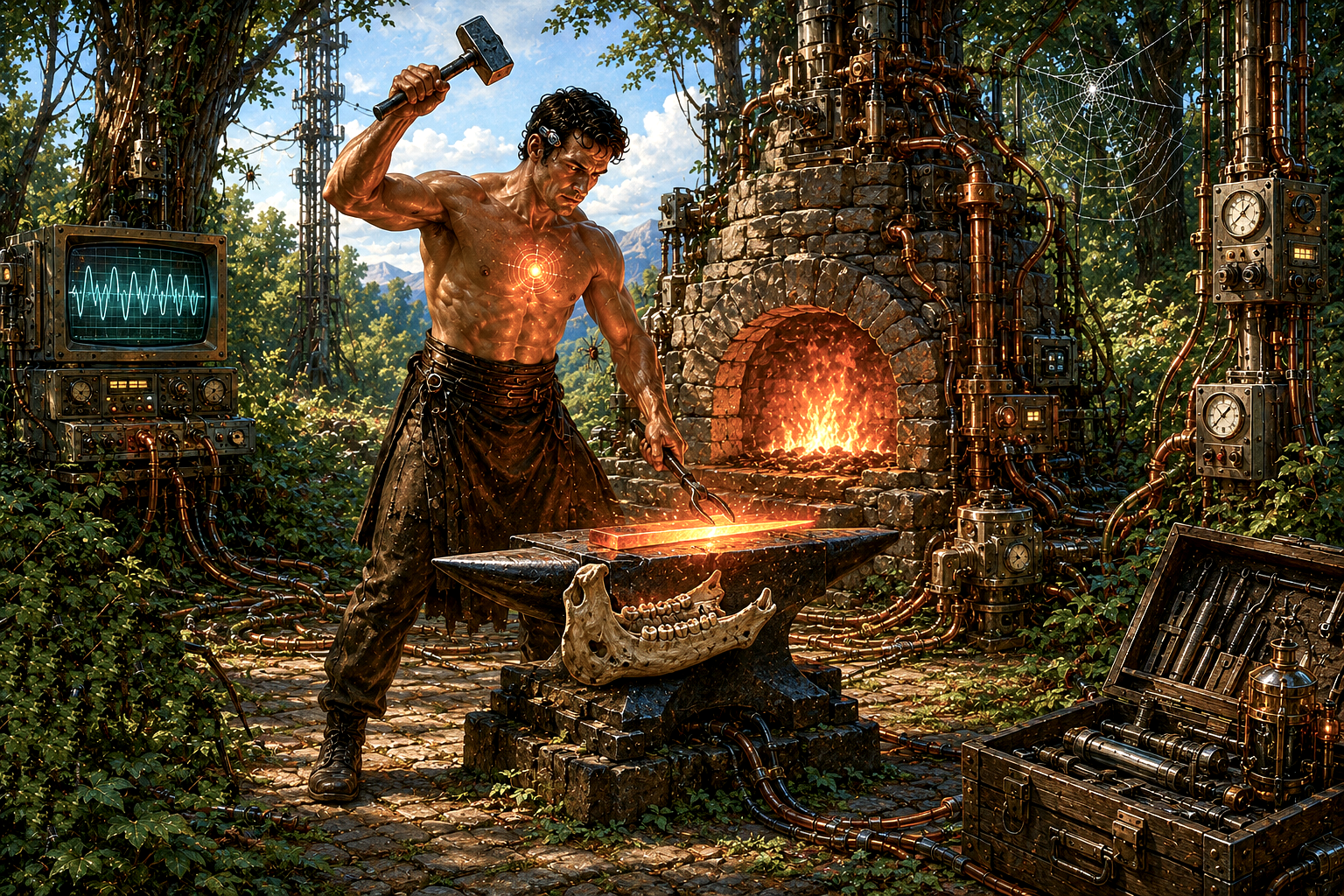 Cain at a techno-forge beneath the midday sun, blade in hand