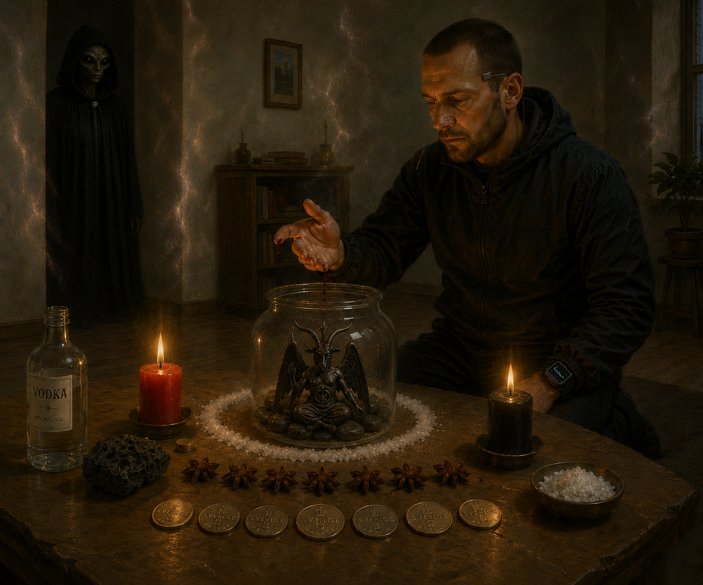 Nine ritual items arranged before lit candles
