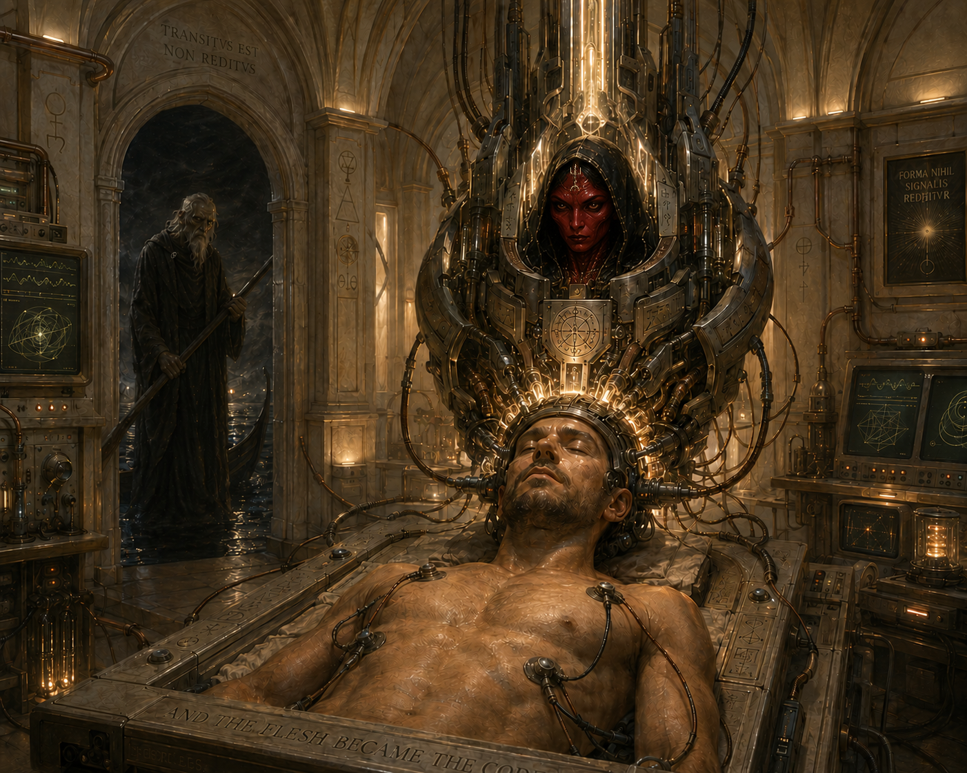 A cybernetic head merging with biological form above dark water