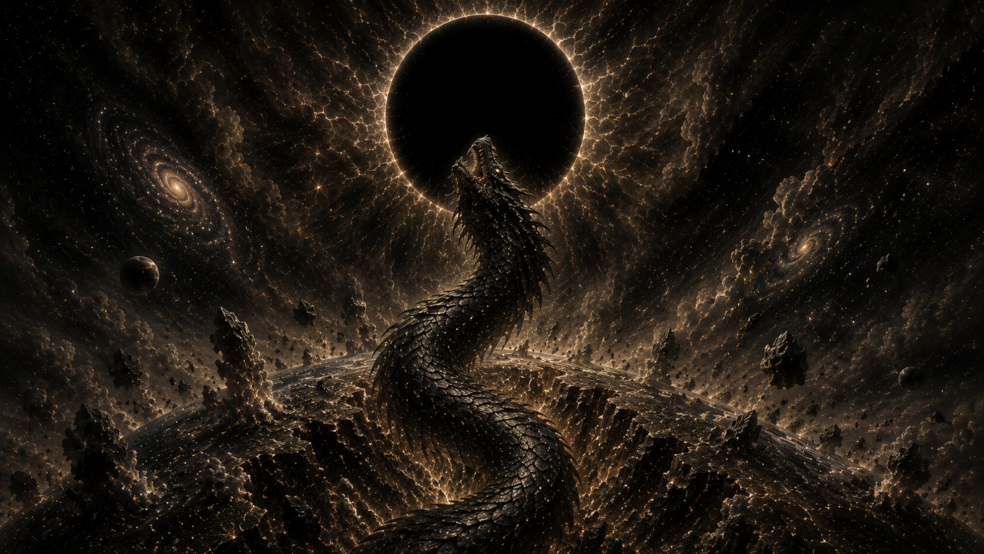 The King Dragon ascending toward the Black Sun at the horizon